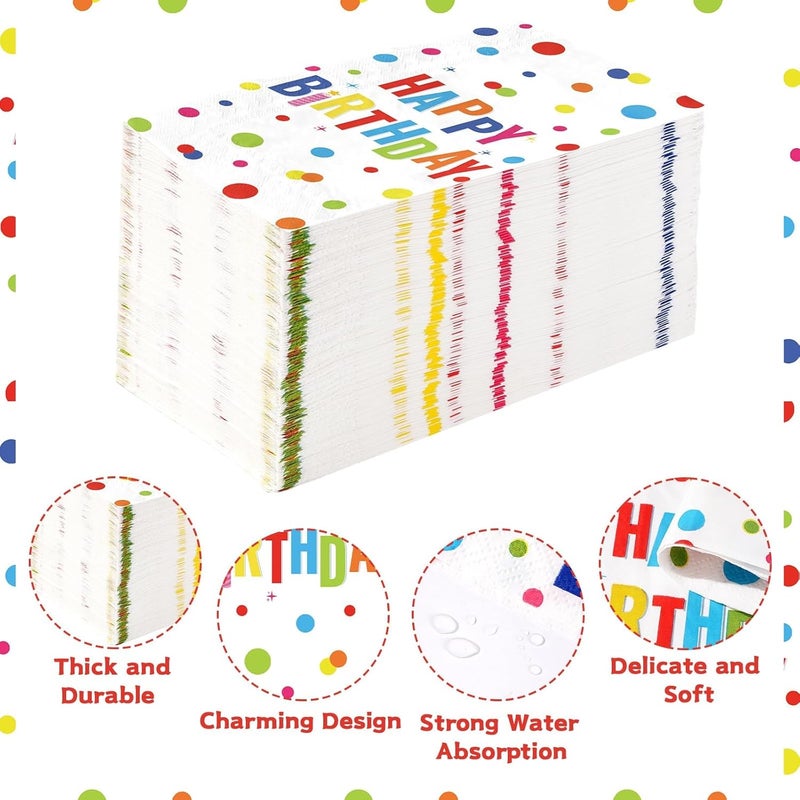 Grencian 100 Pcs Happy Birthday Paper Napkins 3 Ply Colorful Dots Birthday Hand Towels Disposable Absorbent Colorful Polka Dot Guest Napkins for Christmas Adults Kids Birthday Cocktail Picnic Party Supplies - Image 2